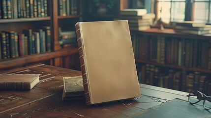 A blank book cover mockup placed on a rustic wooden table in a library - obrazy, fototapety, plakaty