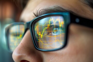 Closeup of an eye with glasses reflecting stock market charts focused analysis of financial data