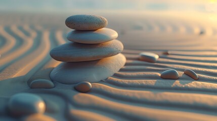Fototapeta na wymiar Serene zen stones on sandy beach at sunset. calmness and balance in nature photography. meditation and relaxation scene. AI