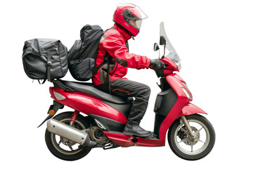 Delivery Person in Red Gear Riding a Scooter with Saddlebags, Isolated on White Background