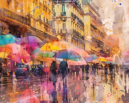 Vibrant watercolor splashes bring to life a bustling city street in the rain, where the movement of people and colorful umbrellas creates a sense of energy and vitality.