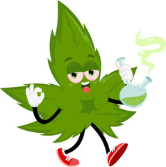 Funny Marijuana Leaf Cartoon Character Walking And Smoking A Bong. Vector Illustration Flat Design Isolated On Transparent Background
