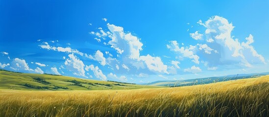 Vibrant Landscape Painting: Serene Field of Grass under Clear Blue Sky
