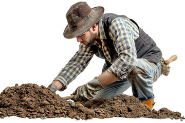 Determined Farmer Working the Soil, Preparing Land for Planting on a White Background