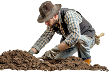 Determined Farmer Working the Soil, Preparing Land for Planting on a White Background
