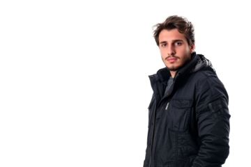 Casual Young Man in Winter Jacket Looking Over Shoulder on White Background