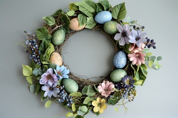 easter eggs and flowers on grey background, a wreath of flowers and easter eggs nests and green leaves