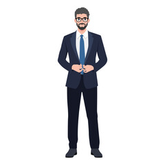 Young Businessman buttoning suit jacket with Tie looking at viewers.  Flat vector illustration isolated on white background