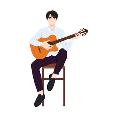 Young Musician play acoustic guitar. Classical music performance. Guitarist sit on stool.  Flat vector illustration isolated on white background