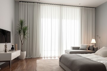 Fototapeta premium Floor-Length Sheer Curtain Bedroom Ideas: Enhancing Room Height with Elegance