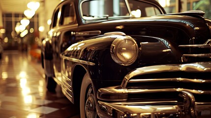 Vintage Black Rustic Car Displayed Indoors with Glossy Finish and Elegant Curves Illuminated by Warm Lighting