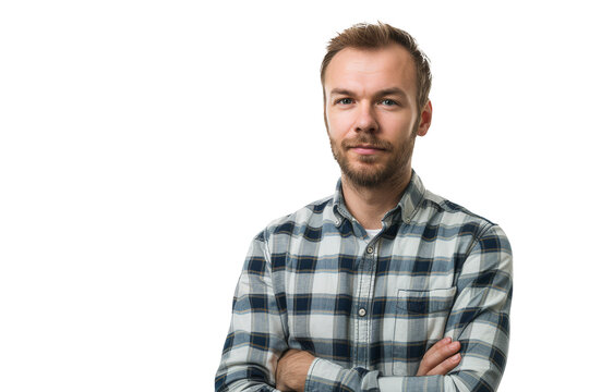 Casual Confident Man in Plaid Shirt with Arms Crossed