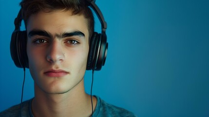 Young man enjoying music on headphones, looking at camera. casual style, modern leisure activity, youth culture. portrait with blue background. AI