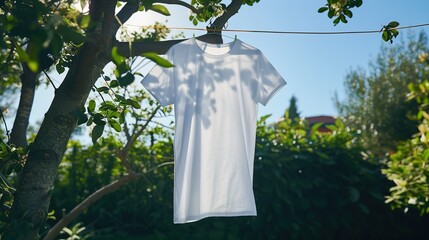 A blank t-shirt mockup hanging on a clothesline in a suburban backyard