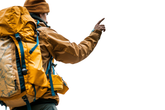 Explorer in Yellow Jacket with Backpack Pointing Forward Isolated on a White Background
