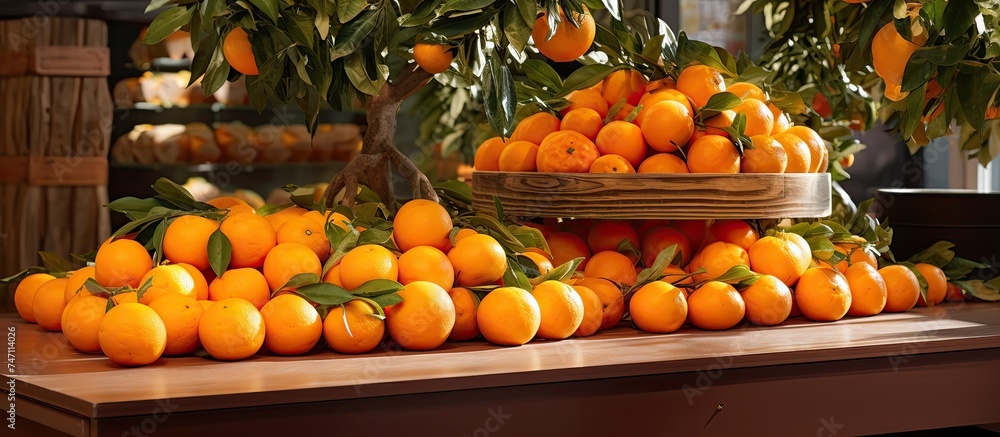 Poster a bunch of fresh oranges neatly arranged on top of a wooden table, creating a vibrant and colorful d