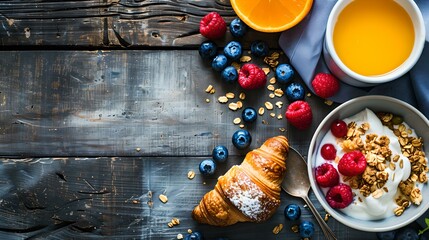 Inviting breakfast setup with fresh berries and pastries on a rustic table. ideal for a healthy lifestyle promo. cozy morning meal scene with a homely feel. AI