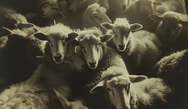 Serene sheep gathering: close-up portrait of a woolly flock in its natural habitat