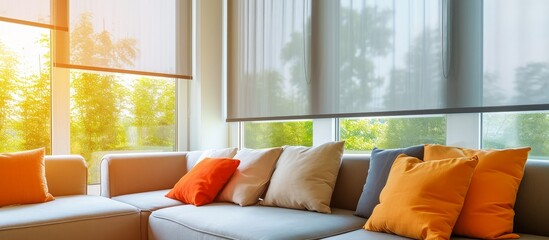 An interior design featuring a living room in a house with orange couch, pillows, and blinds on the windows, creating a cozy and inviting atmosphere.