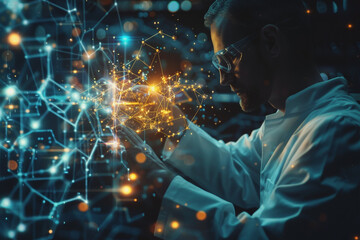 Scientist doctor hand touches virtual molecular structure in the lab. AI Generated.