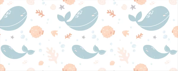 Cercles muraux Vie marine Seamless pattern with sea animals. Children's illustration on a white background. Cartoon whales, sperm whales and sea urchins in pastel colors.