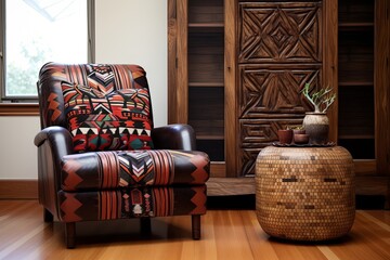 Tribal Print Bedroom Decors: Leather Lounge Chair and Native Patterns Elegance