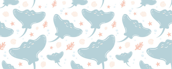 Fototapeta na wymiar Seamless pattern with sea animals. Children's illustration on a white background. Cartoon funny stingrays in pastel colors.