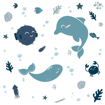 Flat vector illustration. Wild marine animals and fish are isolated on white background. Inhabitants of the sea world, cartoon whale, sea urchin creatures, squid, crab, fish and dolphin