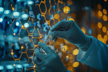 Scientist doctor hand touches virtual molecular structure in the lab. AI Generated.