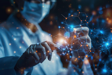 Scientist doctor hand touches virtual molecular structure in the lab. AI Generated.