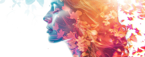 Double exposure of a woman with a splash of digital colors, creating a fantasy portrait of dreams and imagination