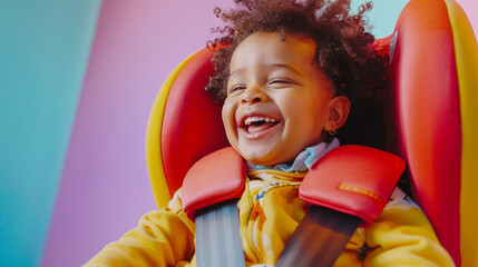 Fototapeta na wymiar A joyful toddler giggling while strapped into a vibrant car seat, set against a dreamy pastel backdrop