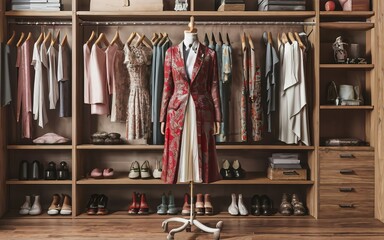 wardrobe with clothes and accessories
