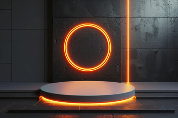 A unique and visually striking composition featuring a podium, neon circle, and futuristic backdrop created by a talented AI artist