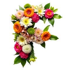 Floral Alphabet Letter F, flowers bouquet isolated on transparent background