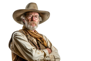 Fototapeta premium Stern Cowboy with Weathered Features Wearing a Hat on White Background