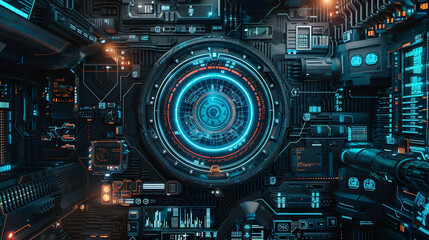 Design a unique backdrop background for a sci-fi setting, showcasing an industrial landscape filled with innovative machinery and futuristic technology