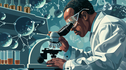 Detailed illustration of a scientist observing complex molecular structures through a microscope