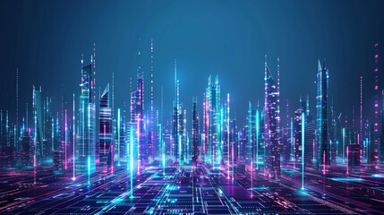 Digital landscape of a cyber cityscape with glowing neon lights
