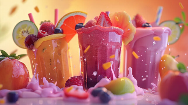 Design a collection of 3D animated fruit smoothie scenes showcasing various flavors and textures