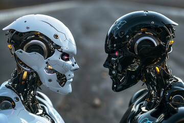 The robots represent opposite sides of a moral spectrum - obrazy, fototapety, plakaty