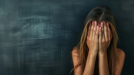 Woman in distress, hiding face, space for textconcept of emotional distress and depression in women.