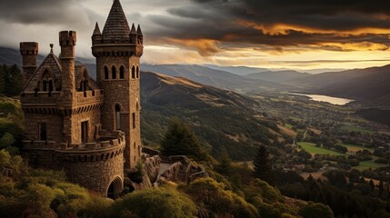 Fairy tale castle on lush hilltop with towers reaching to the sky and fluffy clouds in background - obrazy, fototapety, plakaty