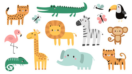 Naklejka premium Cute Safari African zoo animal set. Cartoon alligator, crocodile, giraffe, iguana, zebra, elephant, cheetah, flamingo bird, lion, monkey, tiger, toucan, butterfly. Flat design White background.
