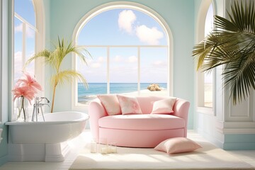 Fototapeta na wymiar Tropical Coastal White Sofa: Pastel Bathroom Inspirations