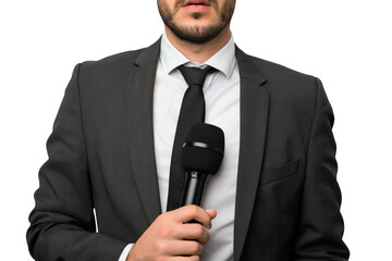 Naklejka premium Confident Male Reporter Holding Microphone on White Background