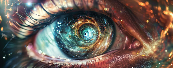 Eyes reflecting the spiraling tunnel of time travel, a journey beyond limits - obrazy, fototapety, plakaty