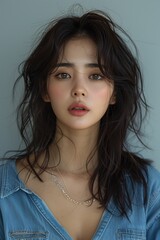 Retro Glamour: Stunning Korean Woman, Mid 20s, with 90s Aesthetic, Isolated on Plain Background