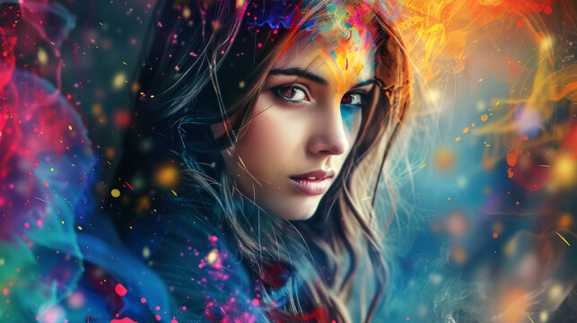 Fantasy portrait of a beautiful woman with double exposure, merging with a vibrant digital paint splash