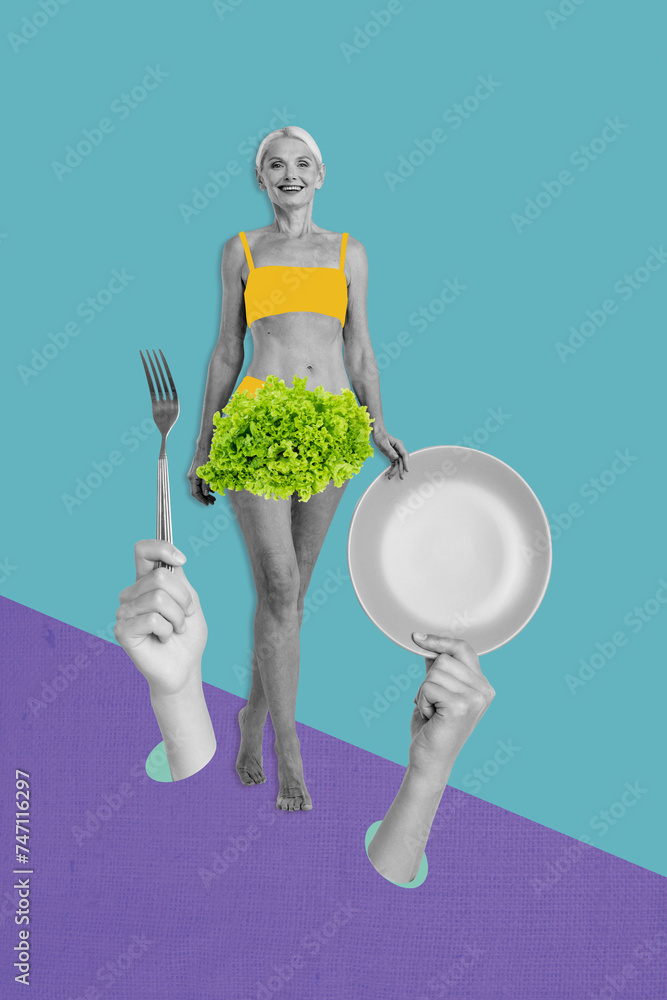 Canvas Prints Creative vertical collage mature sportive sportswoman dish plate fork vegan nutrition calories bodycare drawing background